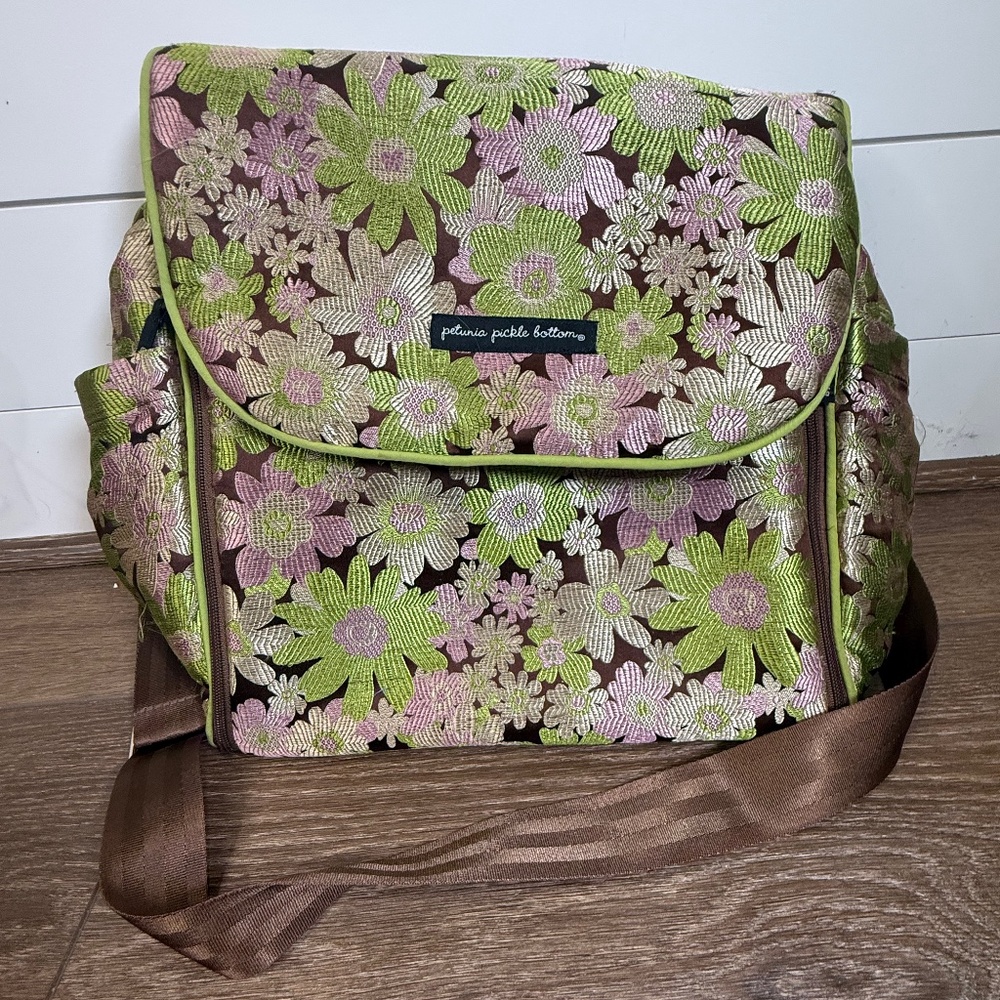 Petunia Pickle Bottom Boxy Backpack, Green Floral, Vintage, Shoulder Strap